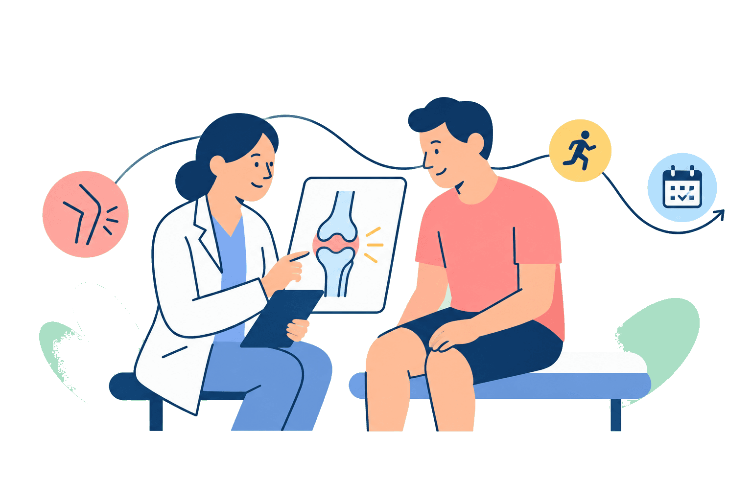Flat illustration of a clinician and patient reviewing knee care