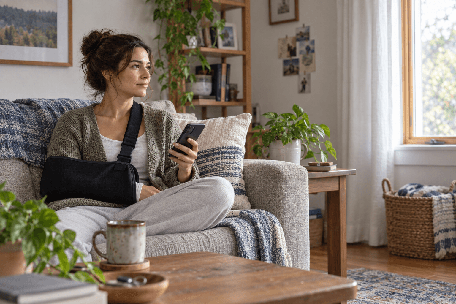 Person recovering from an arm injury while using a phone at home