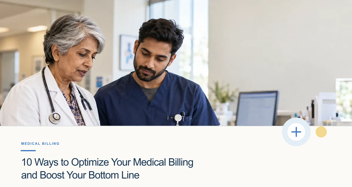 An older South Asian physician and a younger nurse review a tablet together at a clinic workstation.