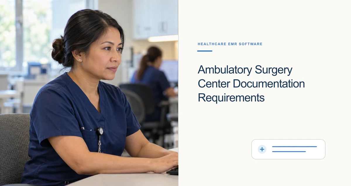A Filipino nurse in navy scrubs enters a clinical note at a desktop workstation.