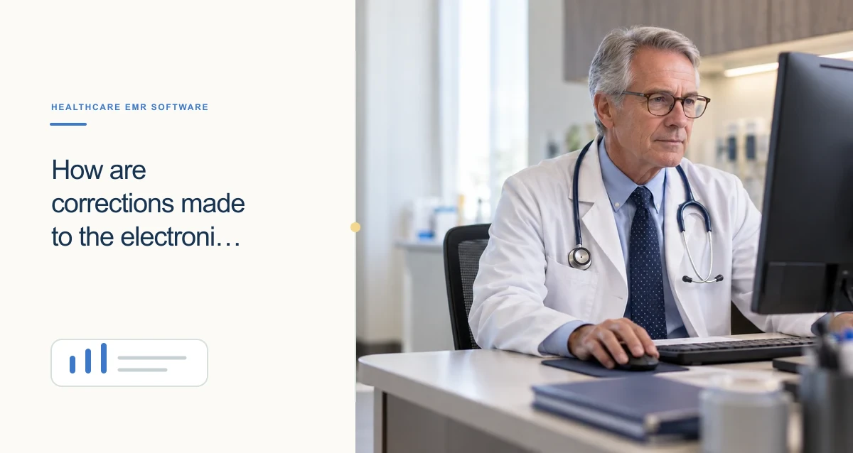 An older physician with glasses reviews an electronic chart at a desktop computer in an exam room.