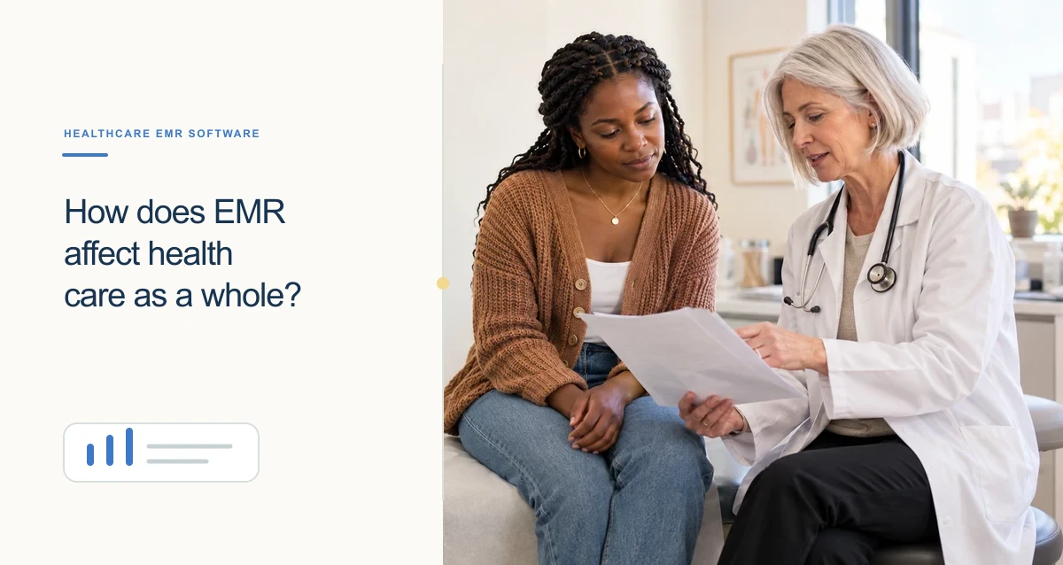 An older white woman physician reviews a care plan with a younger Black woman patient.