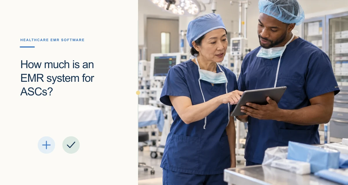 Two clinicians in surgical attire review a tablet in an operating room.