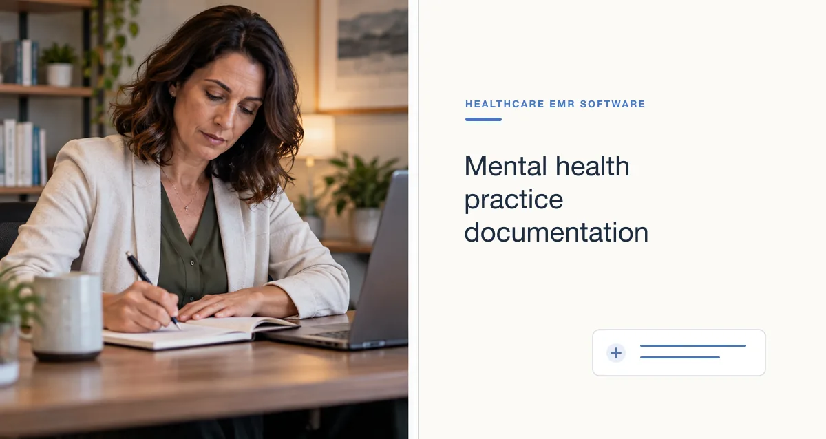 A clinician writes notes at a desk beside a laptop in a quiet office.