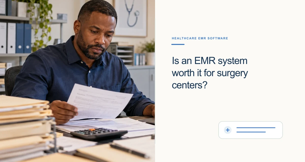A Black medical billing specialist reviews paperwork beside a laptop and calculator at a clinic operations desk.