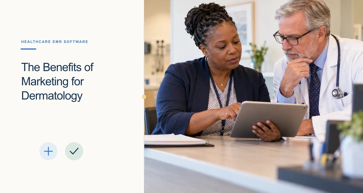 A Black woman practice manager and a physician review a tablet together at a clinic desk.