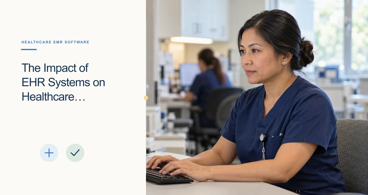 A Filipino nurse in navy scrubs enters a clinical note at a desktop workstation.