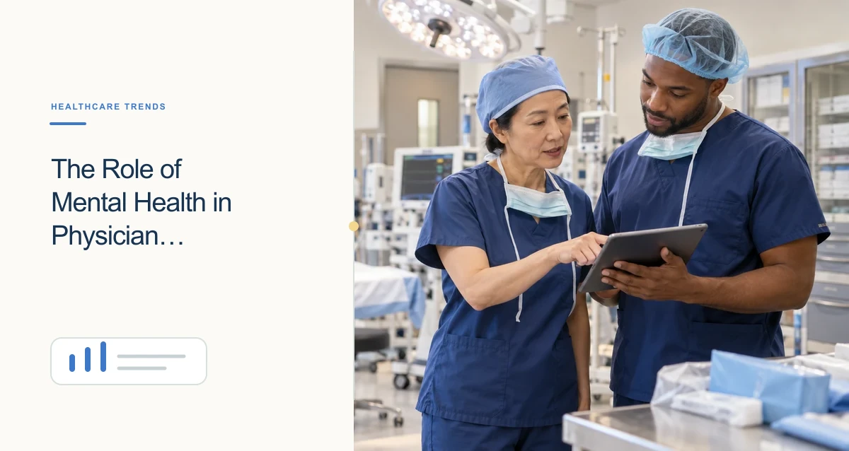 A physician pauses in a quiet staff space, with subtle supportive workplace and wellbeing symbols nearby.