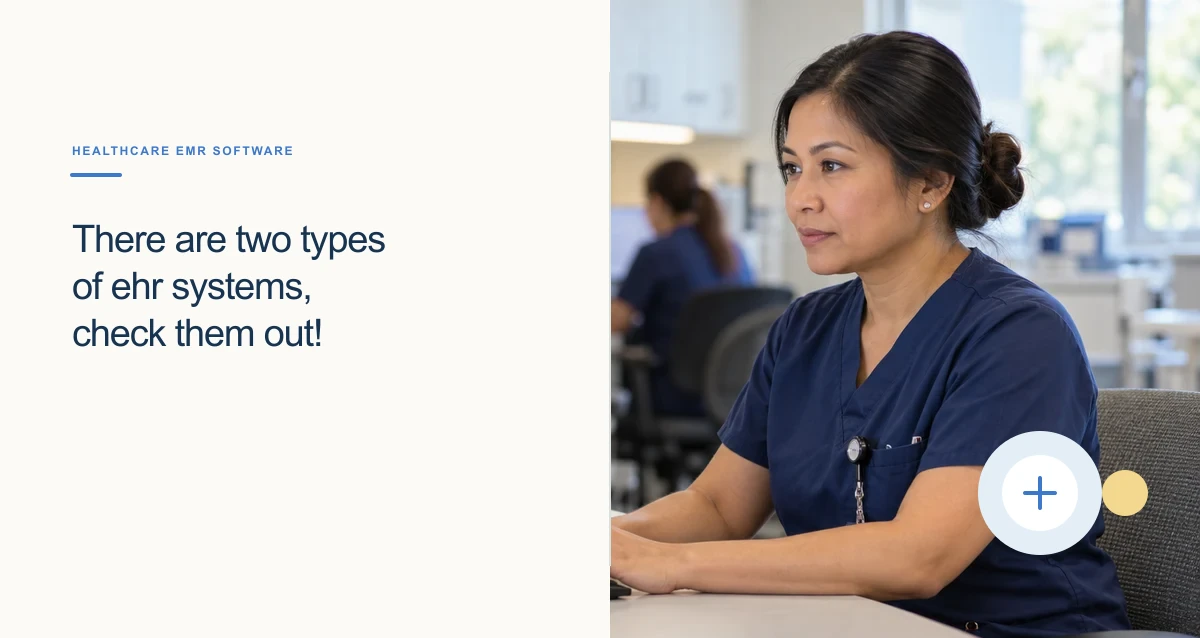 A Filipino nurse in navy scrubs enters a clinical note at a desktop workstation.