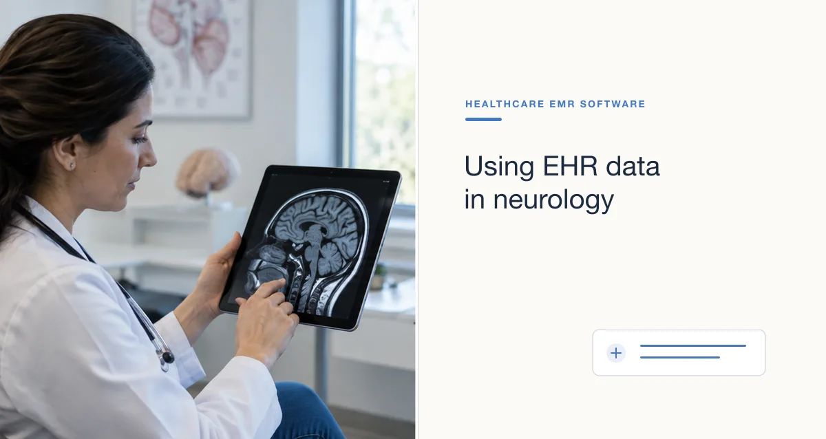 A physician reviews a brain MRI image on a tablet in a clinic office.