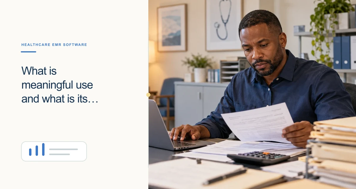 A Black medical billing specialist reviews paperwork beside a laptop and calculator at a clinic operations desk.