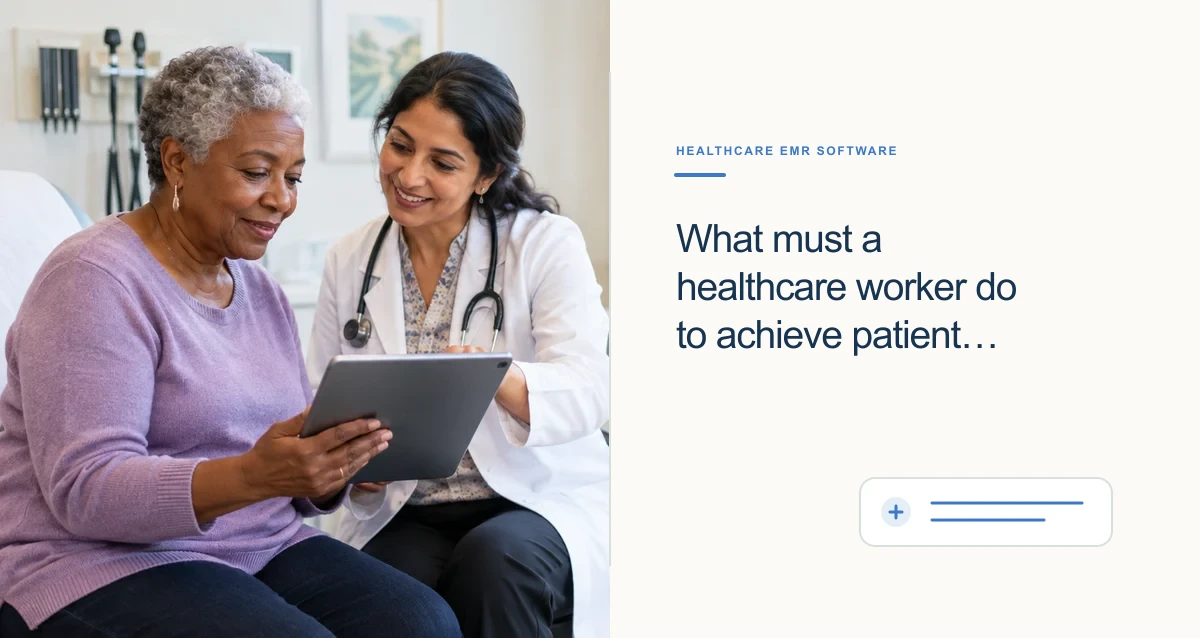 A South Asian physician helps an older Black woman use a tablet during a clinic visit.