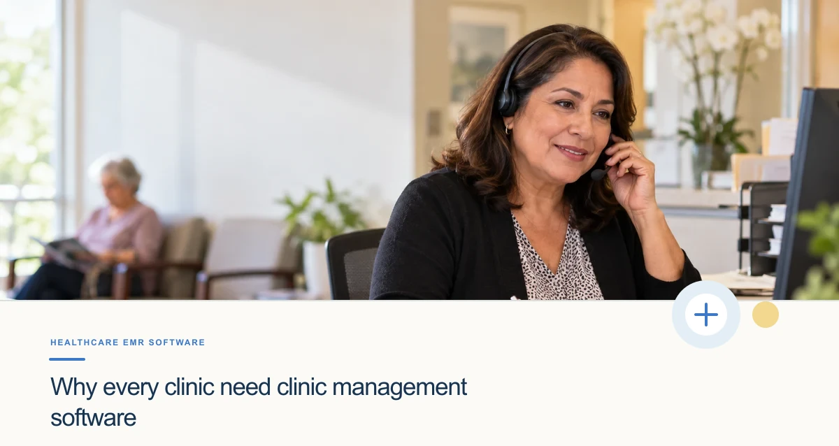 A Latina receptionist coordinates clinic appointments on a headset at the front desk.