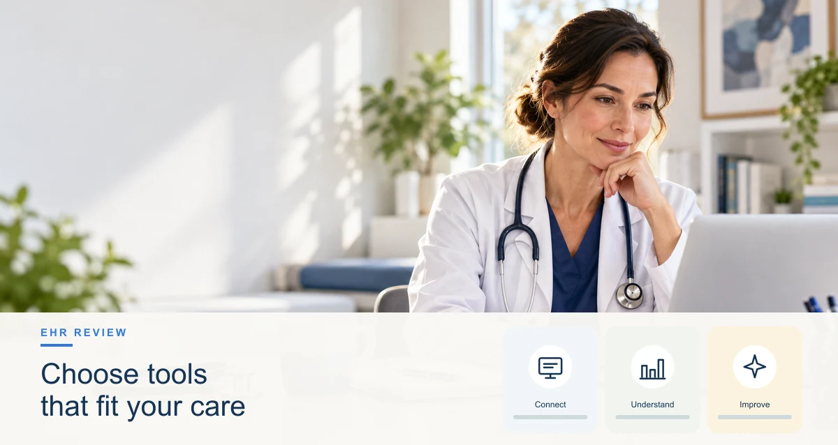A practice team evaluates an electronic health record dashboard with clinical, scheduling, and patient-portal workflows.