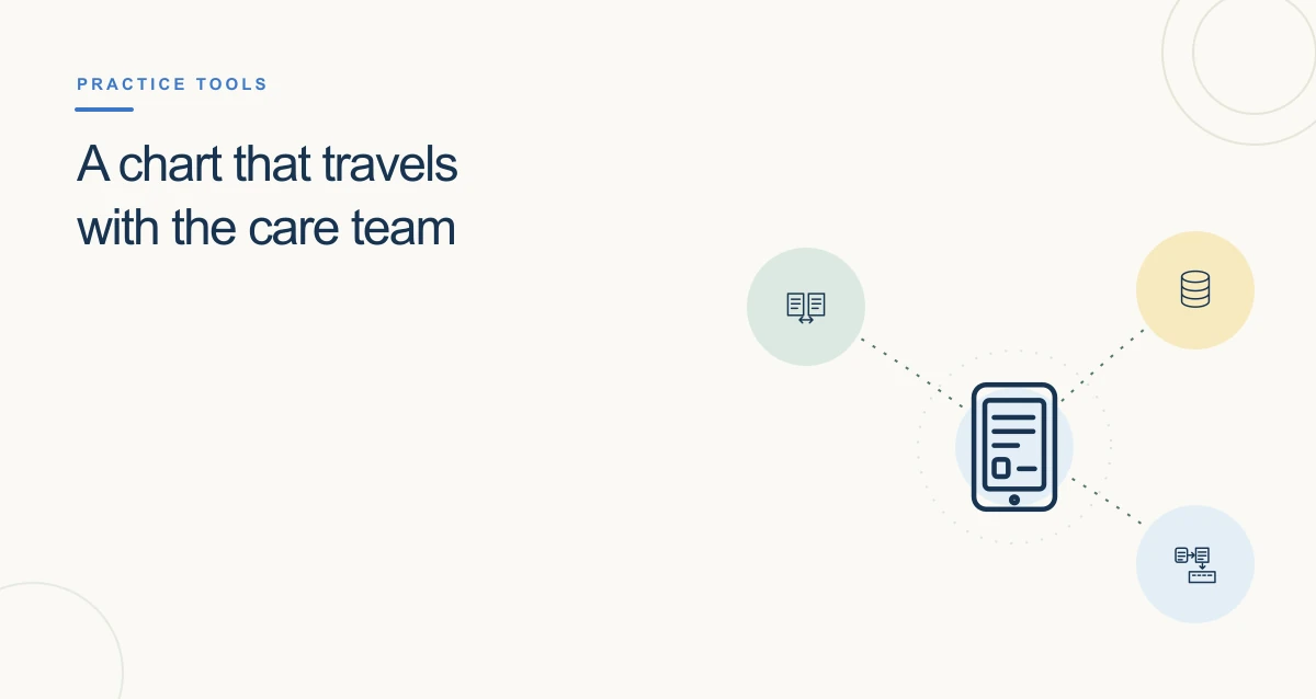 A clean, warm-toned healthcare illustration with connected symbols and information cards representing healthcare emr software.