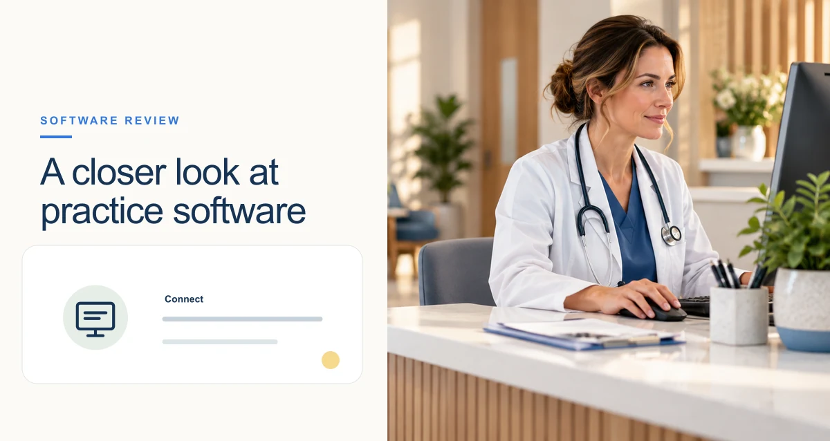 A clean, warm-toned healthcare illustration with connected symbols and information cards representing a healthcare app.