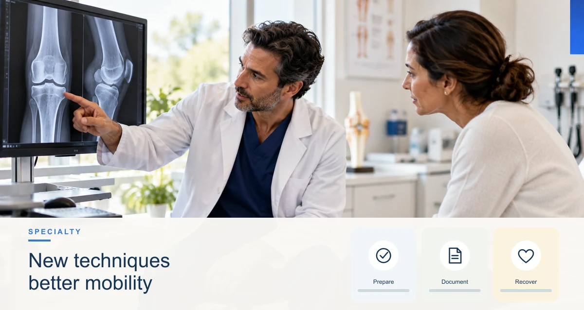 An orthopedic team reviews a joint model and surgical technology checklist before a procedure.