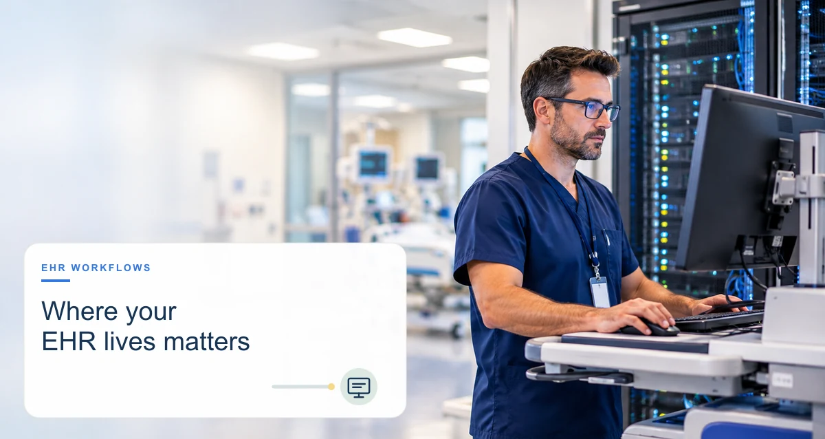 Clinicians and patients in a warm outpatient setting, with a small editorial panel representing healthcare emr software.