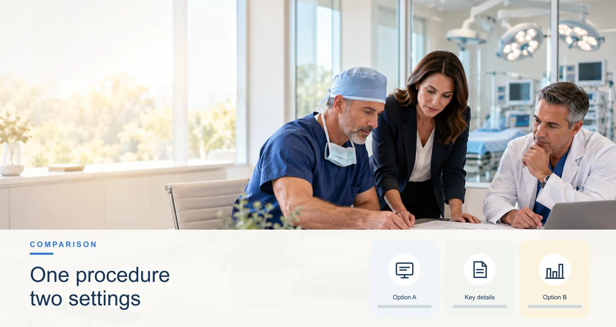 Clinicians and patients in a warm outpatient setting, with a small editorial panel representing healthcare emr software.
