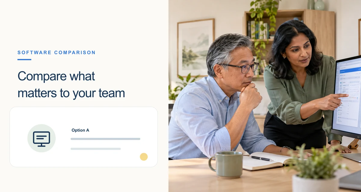 Clinicians and patients in a warm outpatient setting, with a small editorial panel representing healthcare emr software.