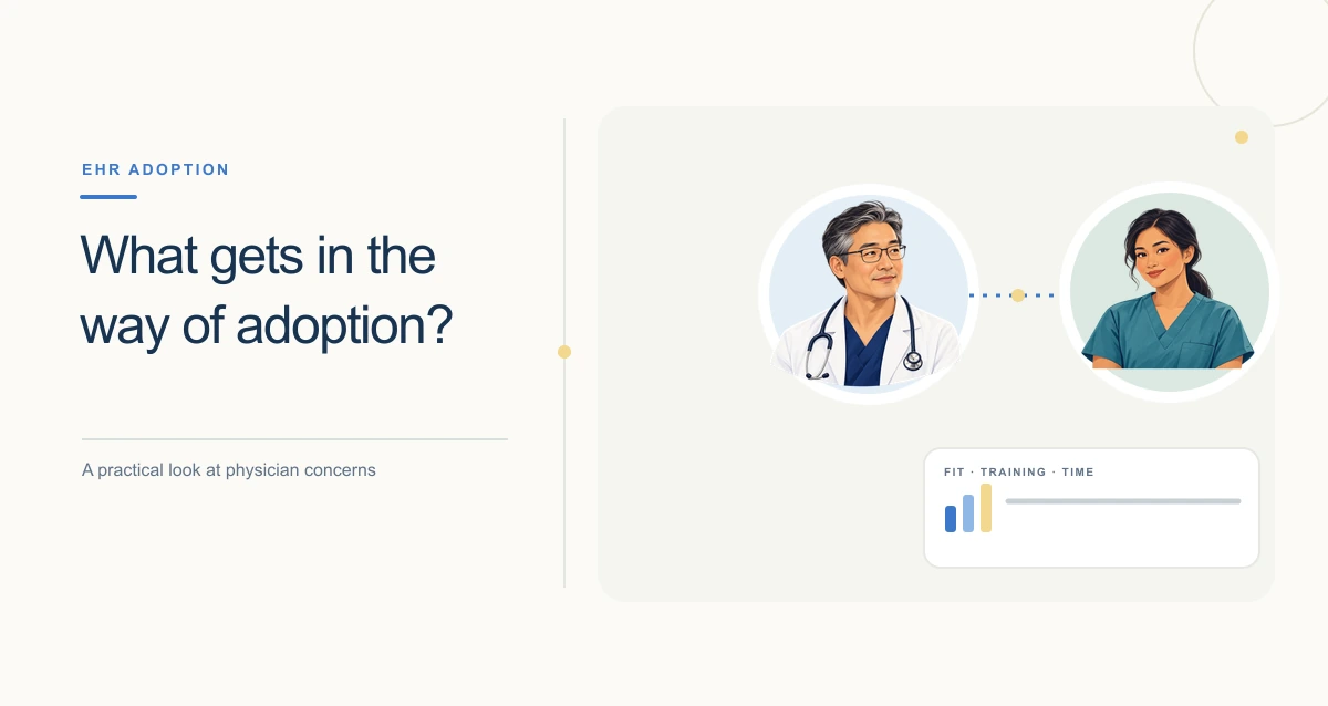 A clean, warm-toned healthcare illustration with connected symbols and information cards representing healthcare emr software.
