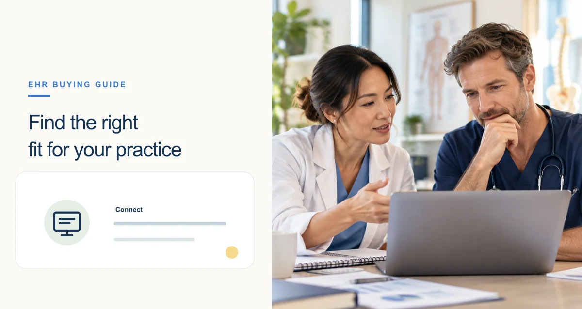 Clinicians and patients in a warm outpatient setting, with a small editorial panel representing healthcare emr software.