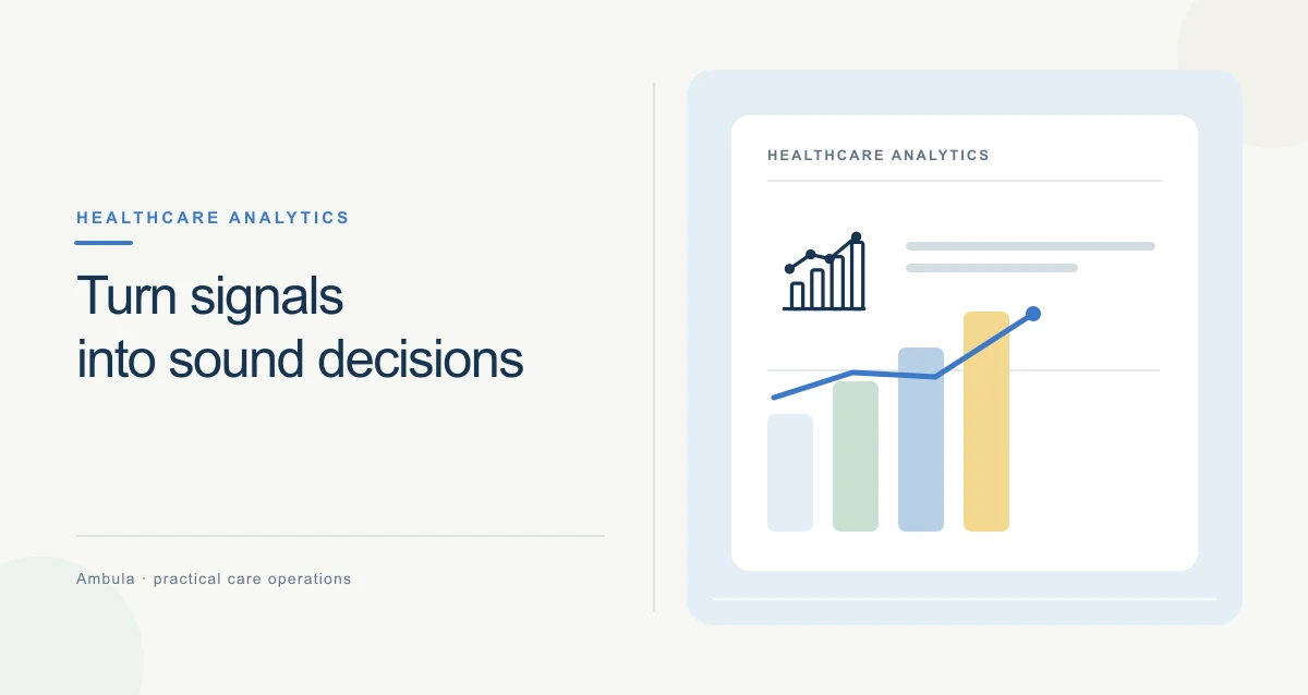 A clean, warm-toned healthcare illustration with connected symbols and information cards representing healthcare trends.