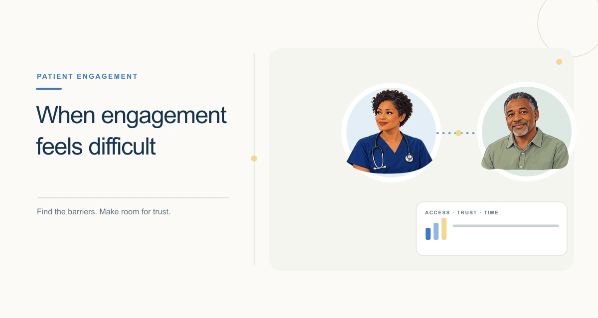Abstract healthcare illustration connecting a patient profile, communication card, and care-team checklist.