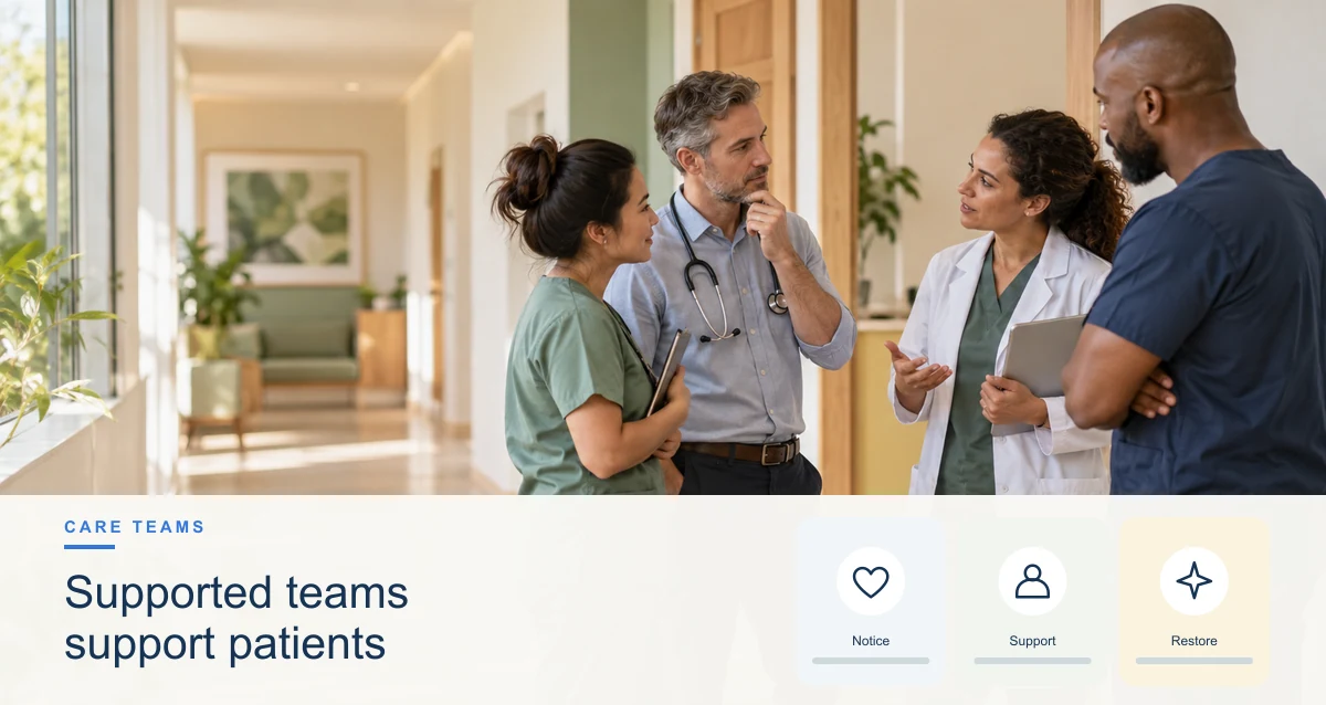 A clinician and patient in a warm care setting, with a small editorial panel representing workforce and patient experience.
