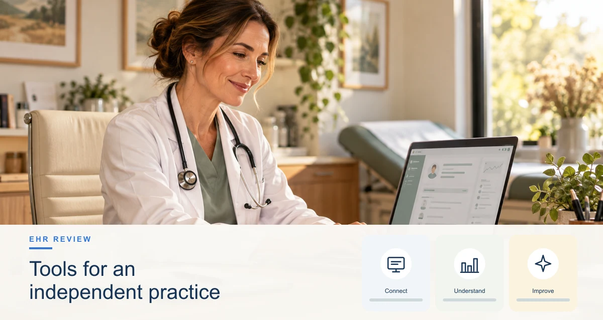Clinicians and patients in a warm outpatient setting, with a small editorial panel representing healthcare emr software.