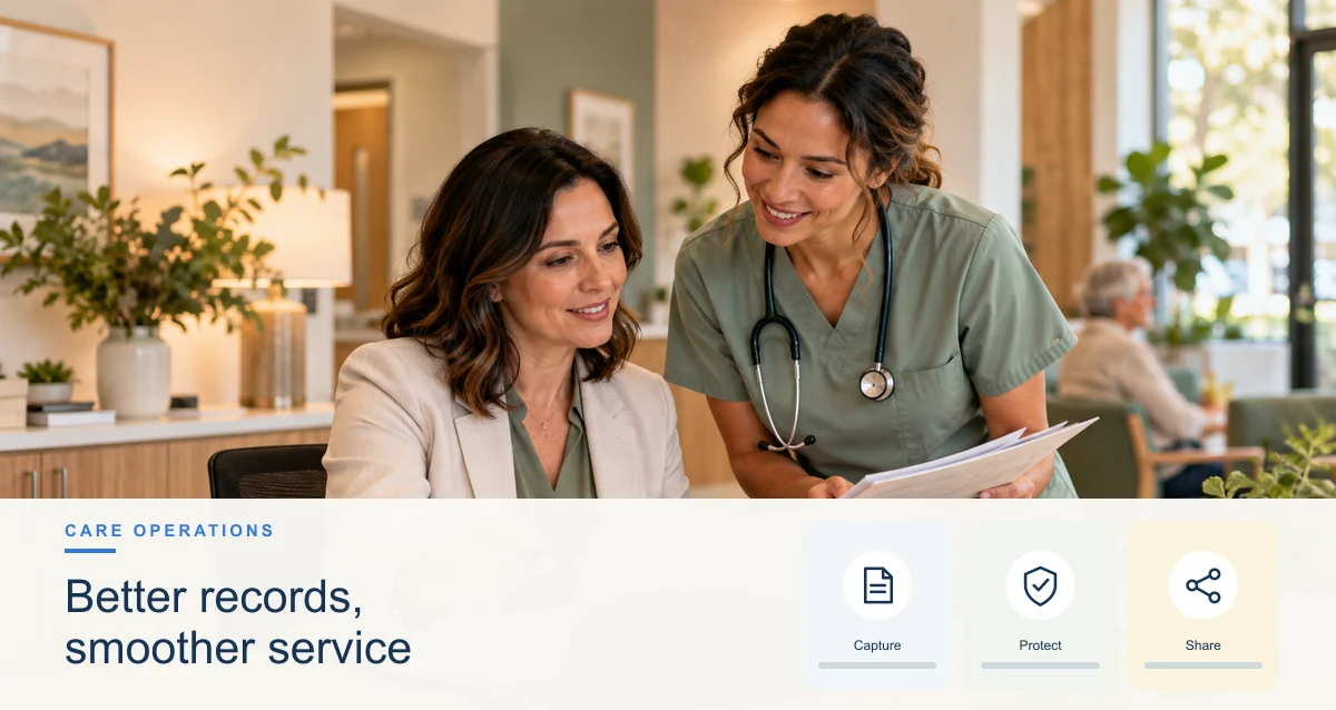 Clinicians and patients in a warm outpatient setting, with a small editorial panel representing healthcare emr software.