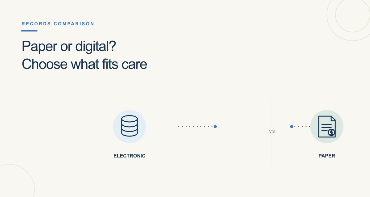 A clean, warm-toned healthcare illustration with connected symbols and information cards representing healthcare emr software.