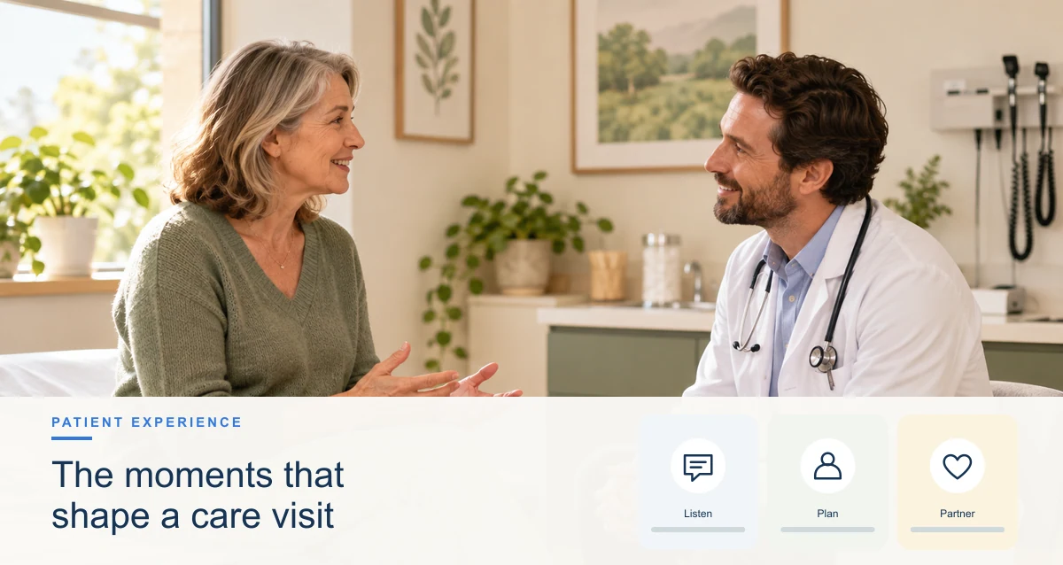 A clinician listens to a patient during a care discussion, with visual cues for access, communication, respect, and coordination.
