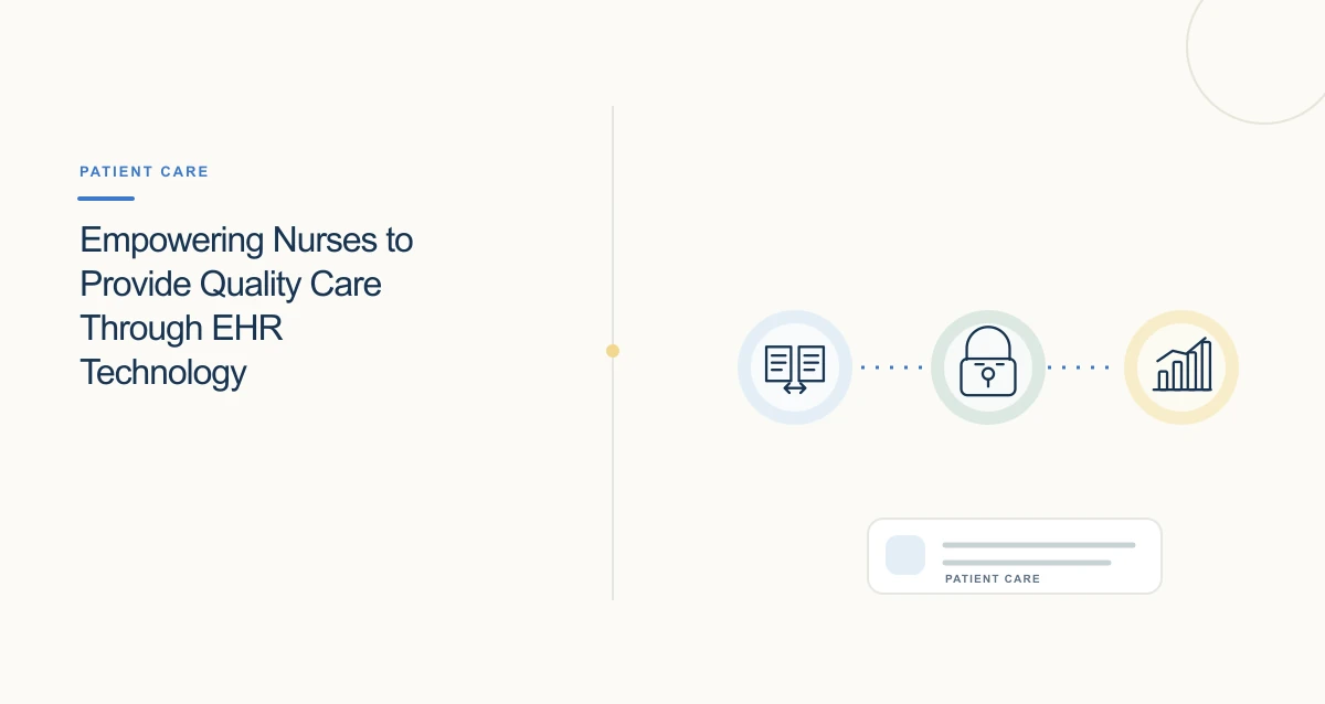 A minimal cream-toned healthcare illustration with connected icons and interface cards representing healthcare emr software.