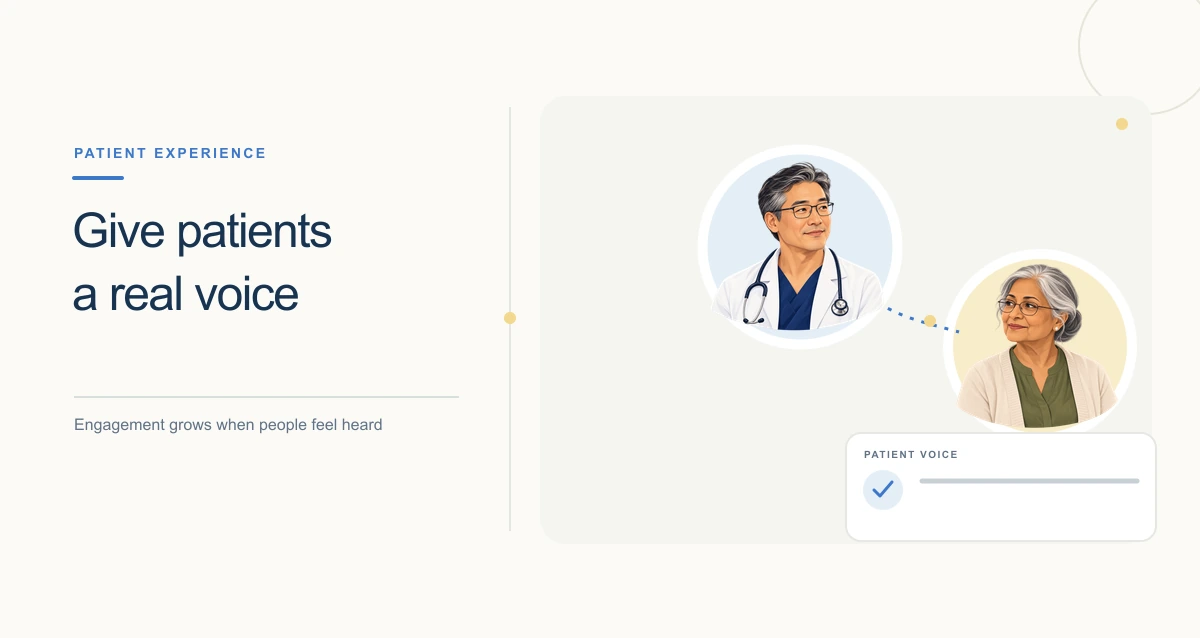 A clean, warm-toned healthcare illustration with connected symbols and information cards representing patient engagement.