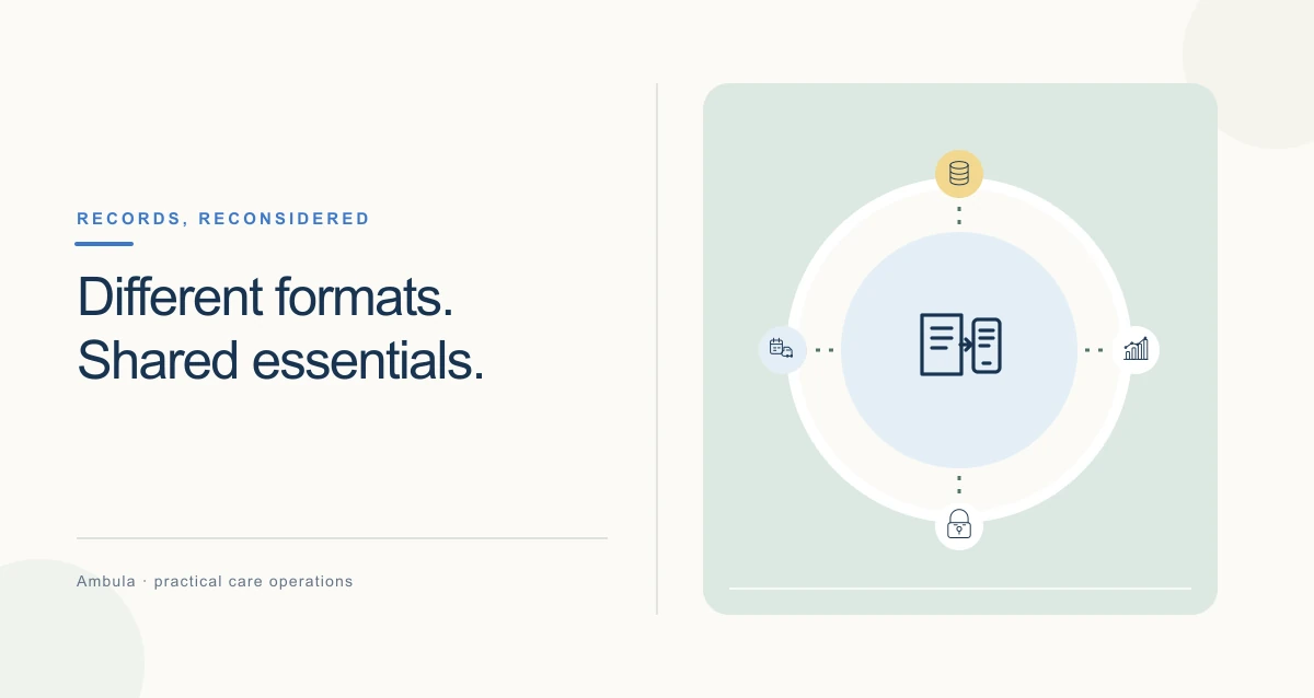 A clean, warm-toned healthcare illustration with connected symbols and information cards representing healthcare emr software.