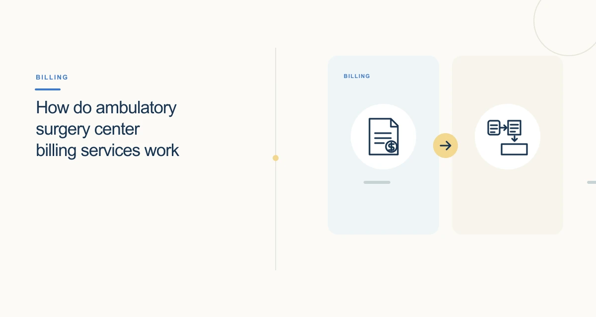 A minimal cream-toned healthcare illustration with connected icons and interface cards representing medical billing.