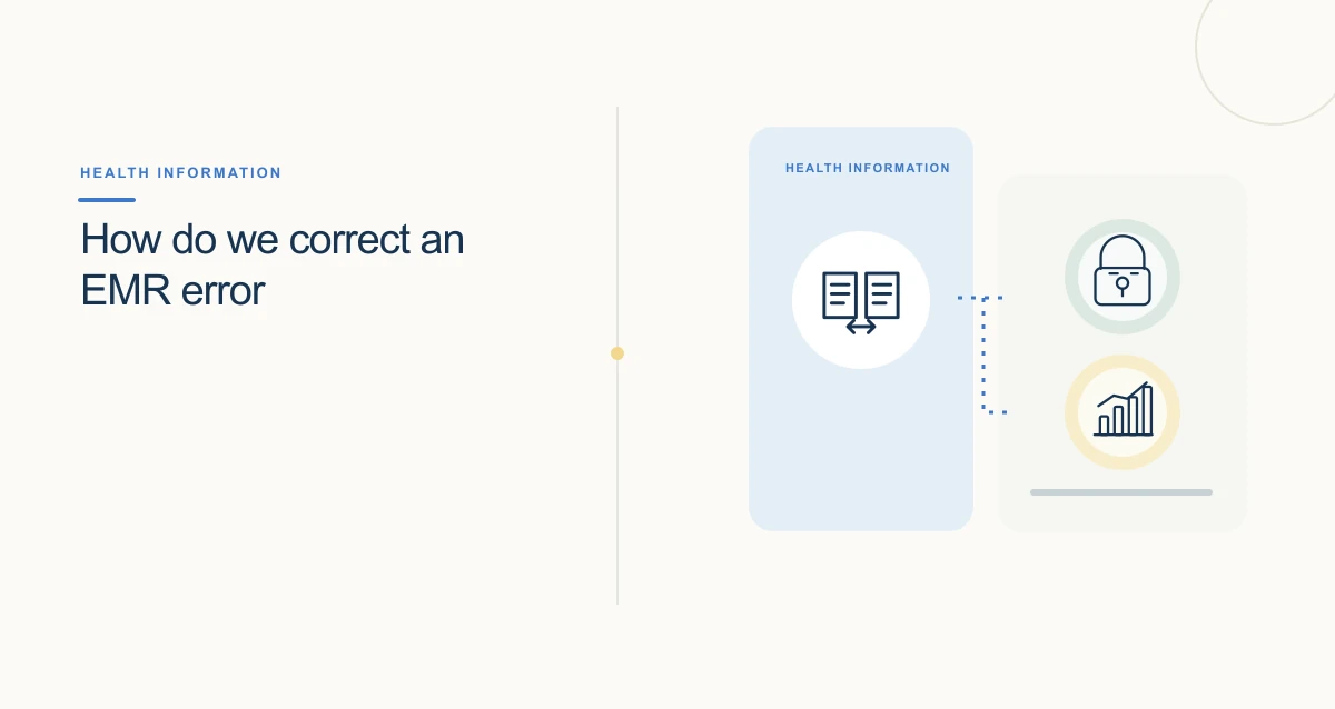 A minimal cream-toned healthcare illustration with connected icons and interface cards representing healthcare emr software.