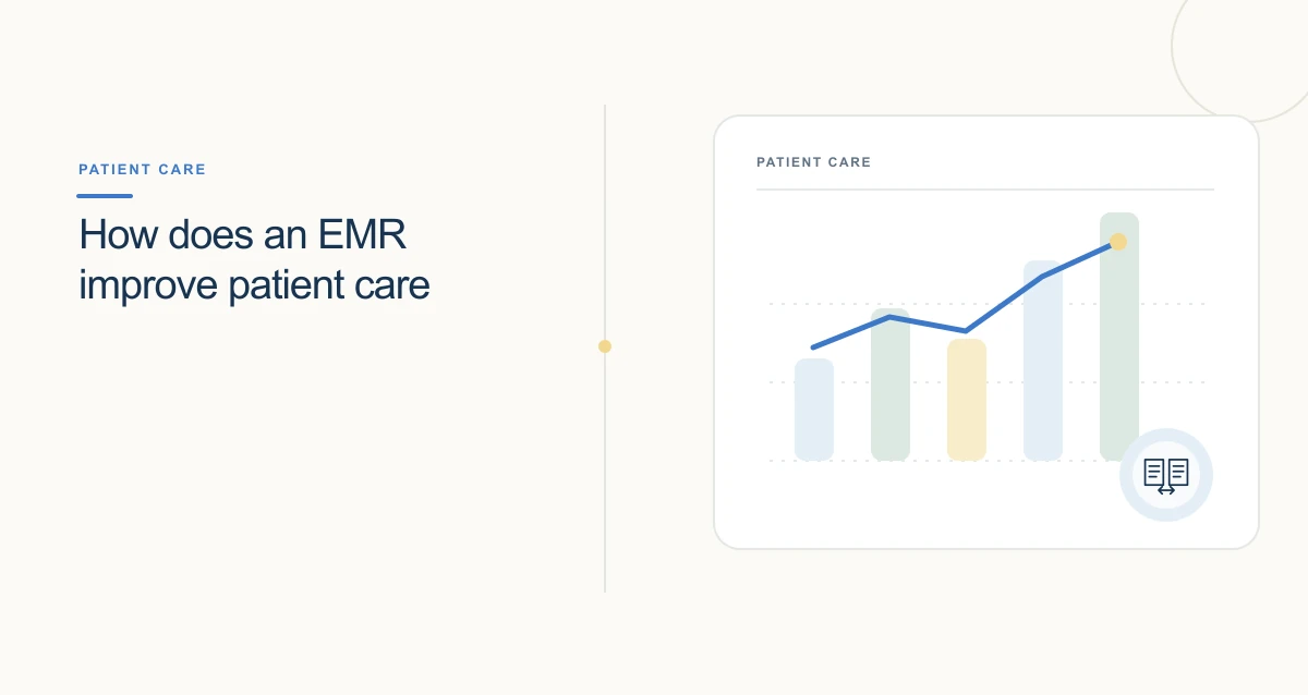 A minimal cream-toned healthcare illustration with connected icons and interface cards representing healthcare emr software.
