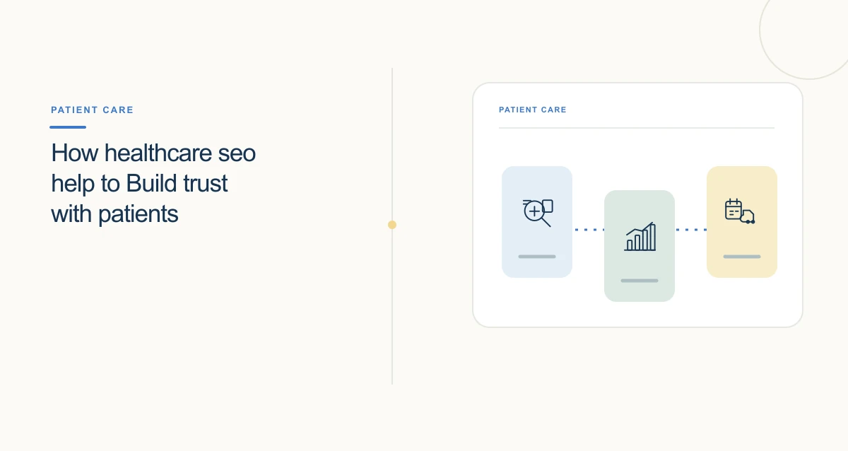 A minimal cream-toned healthcare illustration with connected icons and interface cards representing healthcare marketing.
