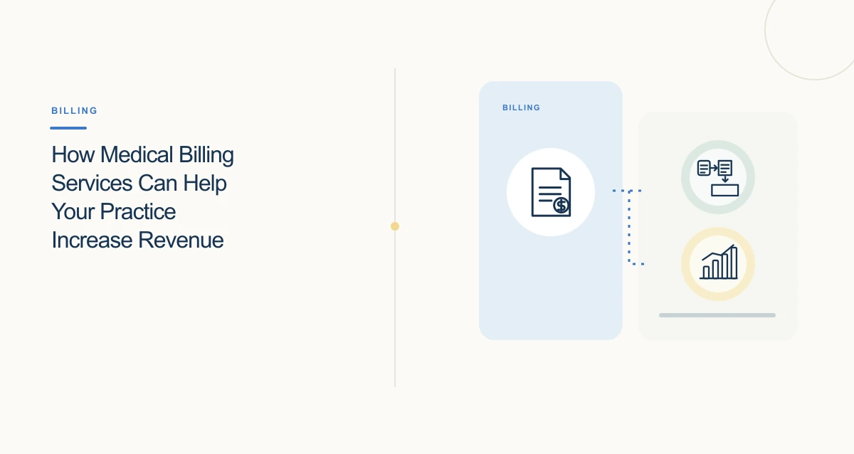 A minimal cream-toned healthcare illustration with connected icons and interface cards representing medical billing.