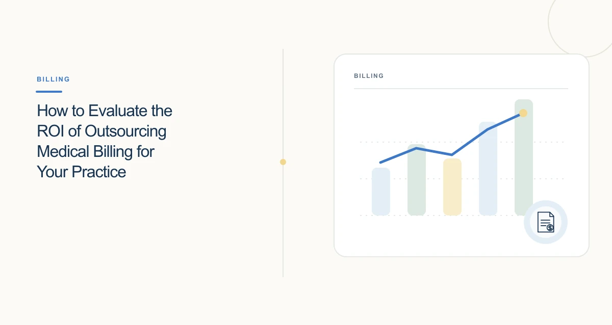 A minimal cream-toned healthcare illustration with connected icons and interface cards representing medical billing service.