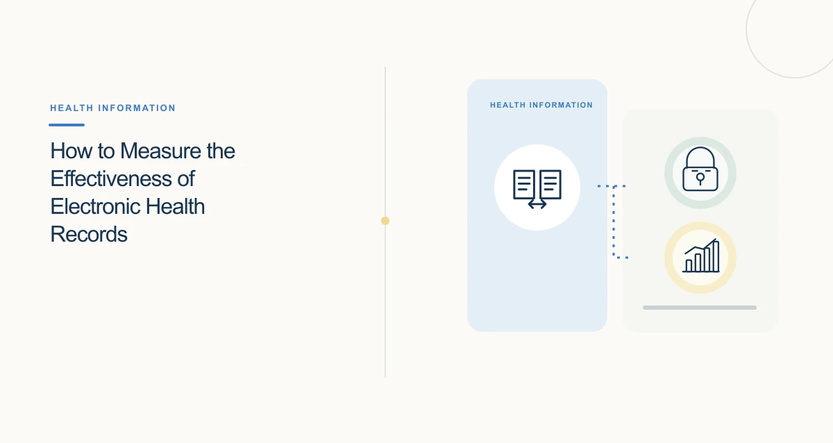A minimal cream-toned healthcare illustration with connected icons and interface cards representing healthcare emr software.