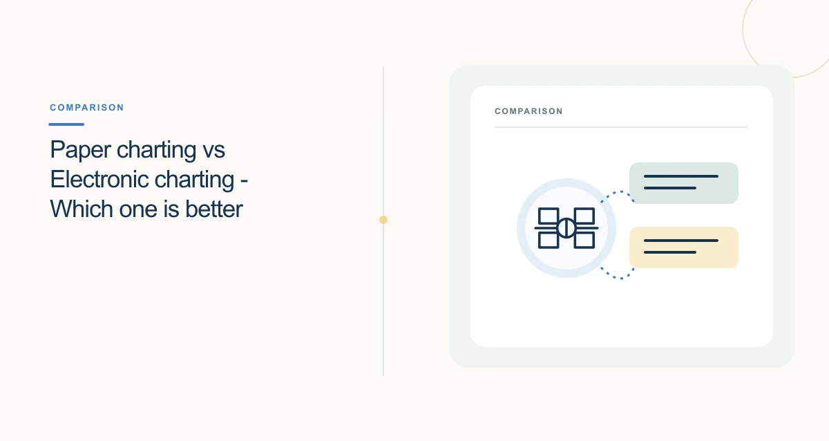 A minimal cream-toned healthcare illustration with connected icons and interface cards representing healthcare emr software.