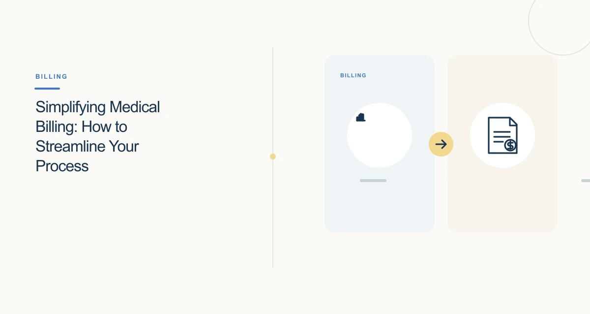 A minimal cream-toned healthcare illustration with connected icons and interface cards representing medical billing.