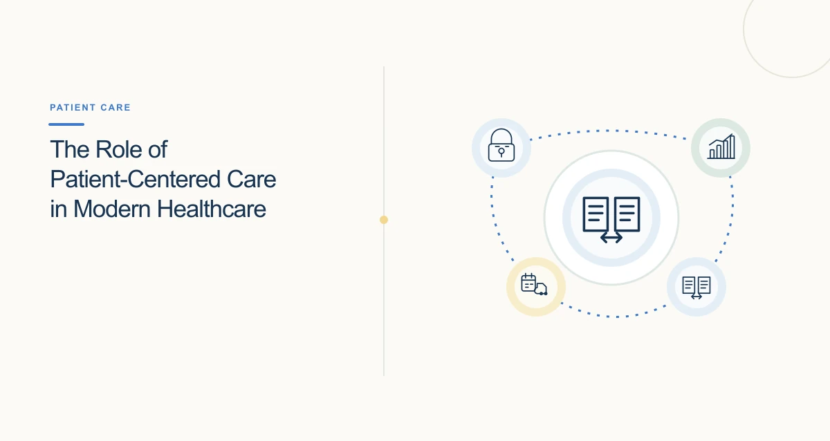 A minimal cream-toned healthcare illustration with connected icons and interface cards representing healthcare trends.