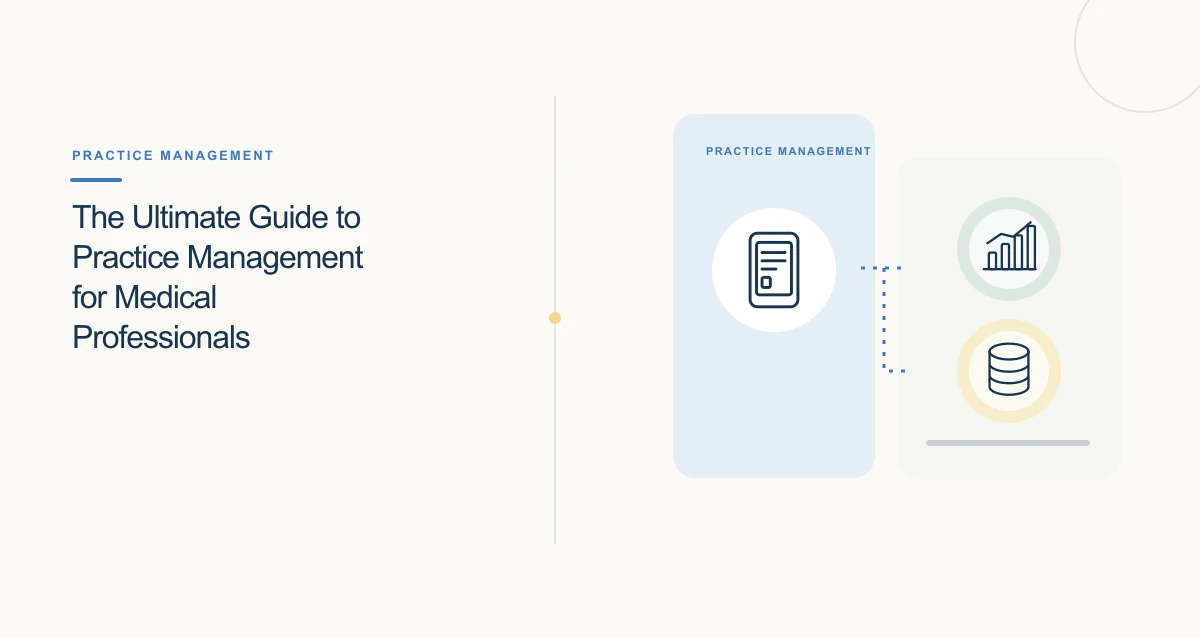 A minimal cream-toned healthcare illustration with connected icons and interface cards representing practice management.