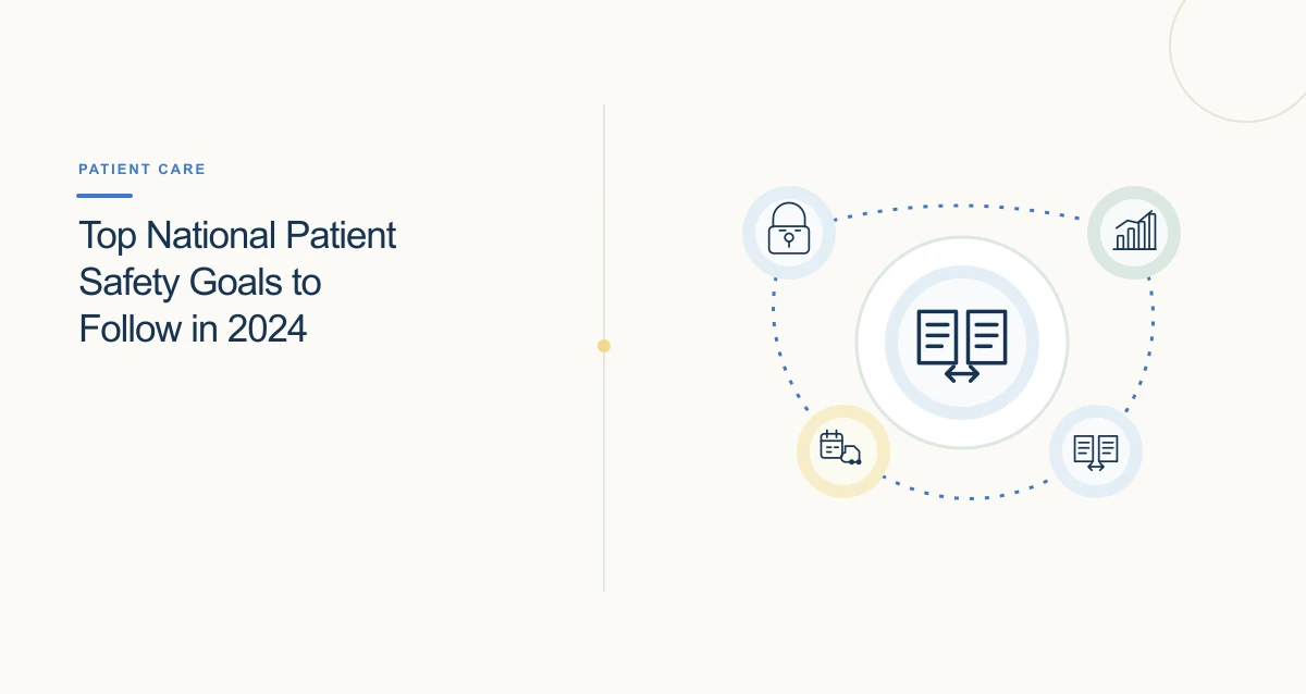 A minimal cream-toned healthcare illustration with connected icons and interface cards representing healthcare trends.