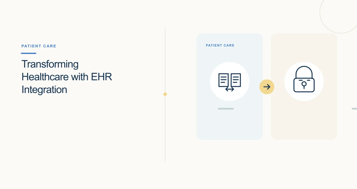 A minimal cream-toned healthcare illustration with connected icons and interface cards representing healthcare emr software.