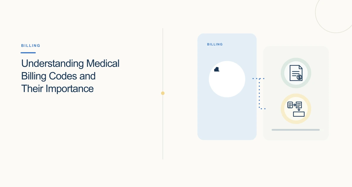 A minimal cream-toned healthcare illustration with connected icons and interface cards representing medical billing.